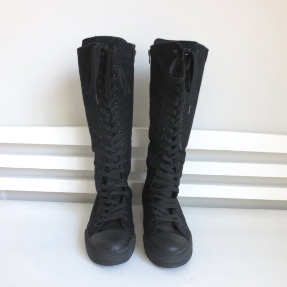 KNEE HIGH CANVAS WOMEN'S LACE UP BOOTS BLACK Sz-8 - Picture 5 of 7
